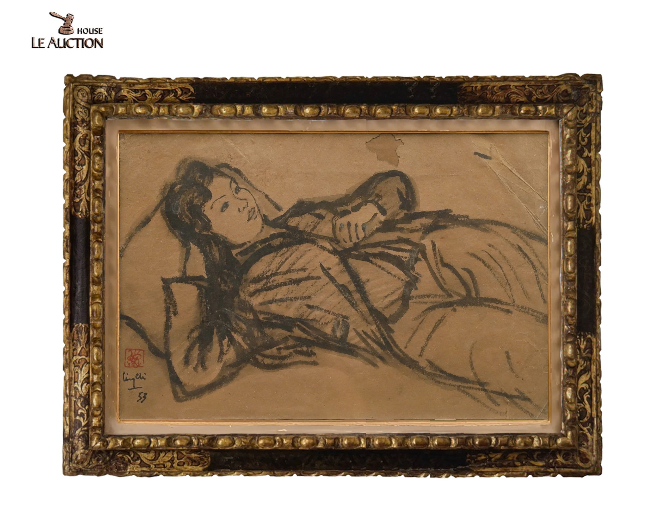 A framed picture of a person lying down